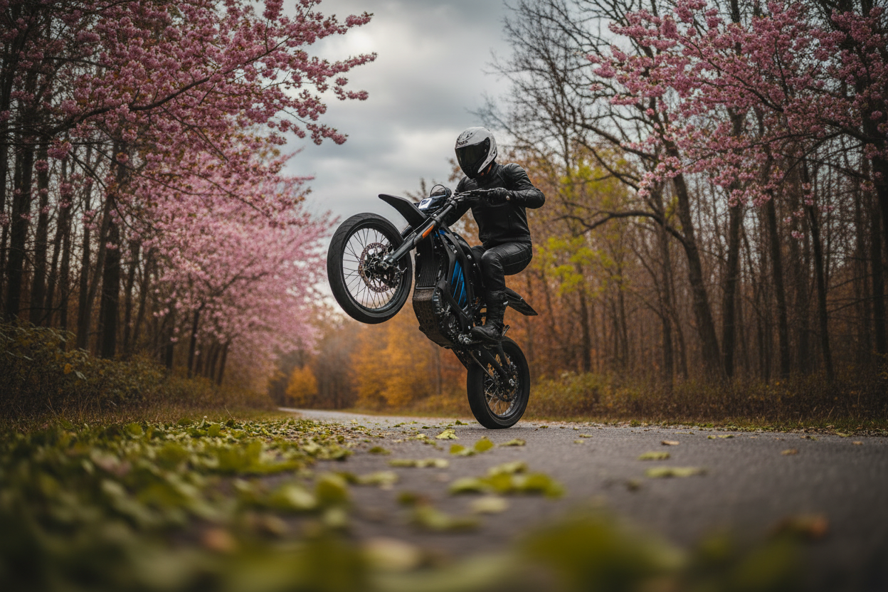 春季森林道路电动摩托车